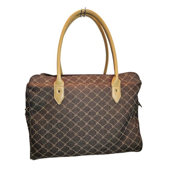 Pierre Cardin Travel Laptop Tote Briefcase Canvas Brown Tan 2 top handles VTG - Picture 3 of 10